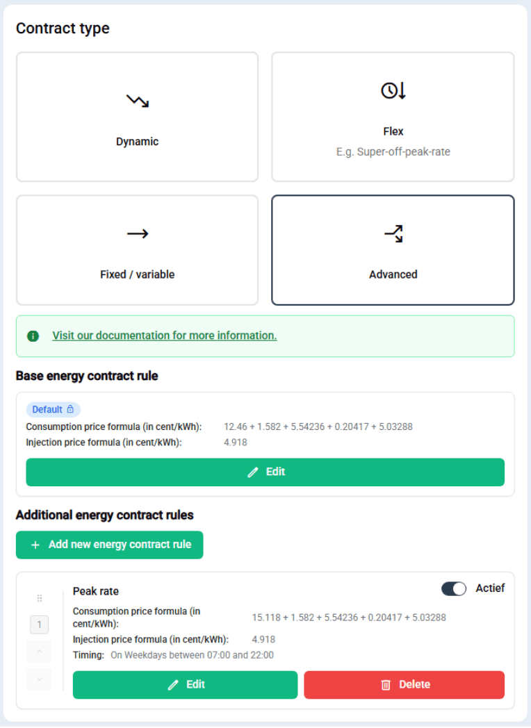 Voorbeeld configuratie geavanceerd energiecontract