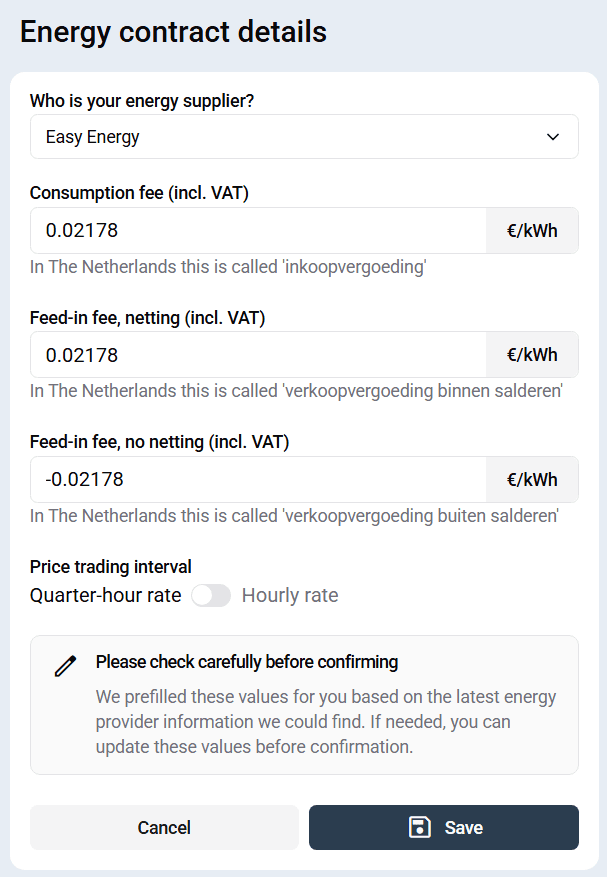 Voorbeeldconfiguratie dynamisch energiecontract